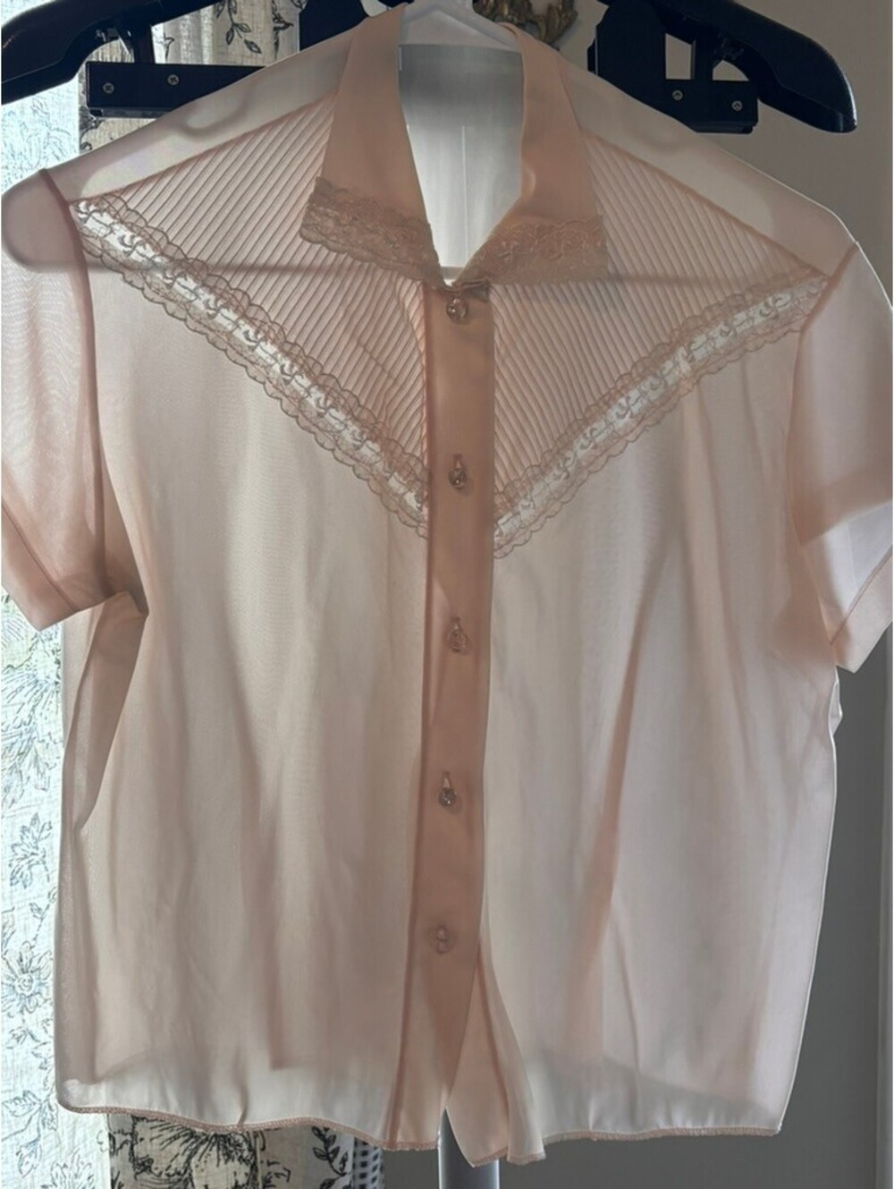 Vintage Sheer Pink Lace Yoke Blouse | 1960s Button Front Top